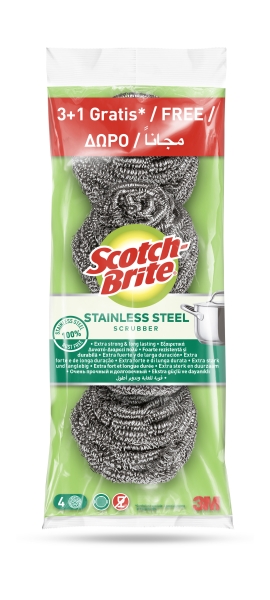 Scotch-Brite Pack de 4 Estropajos de Acero Inoxidable - Promocion 3 + 1 Gratis - Color Gris Metalizado