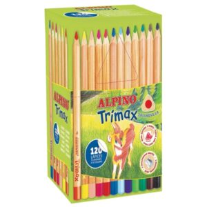 Alpino Trimax Economy Pack de 120 Lapices de Colores Triangulares Gruesos + 2 Sacapuntas - Mina de 5.4mm - Resistente al Agua - Bandeja Extraible - Colores Surtidos