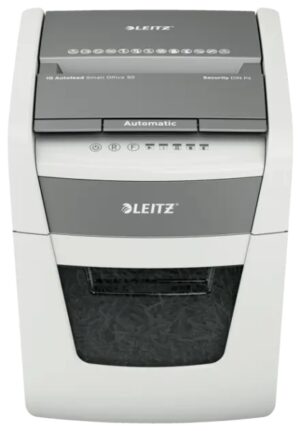 Leitz IQ Autofeed 50X P4 Destructora Automatica de Papel Corte en Particulas P-4 - Autoalimentacion 50 Hojas, Manual 6 Hojas - Papelera de 20L - Color Blanco/Gris