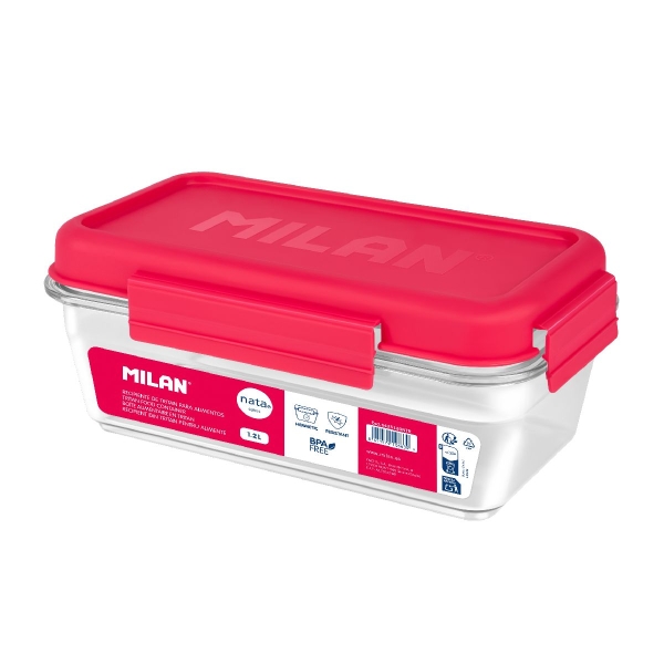 Milan Coleccion Nata 624 Fiambrera Hermetica de Tritan Rectangular 1.2L - Apta para Microondas, Lavavajillas y Congelador - Libre de BPA - Medidas 23x12,5x9,2cm - Color Transparente/Rosa