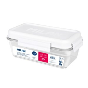 Milan Coleccion Nata 624 Fiambrera Hermetica de Tritan Rectangular 1.2L - Apta para Microondas, Lavavajillas y Congelador - Libre de BPA - Medidas 23x12,5x9,2cm - Color Transparente/Blanco