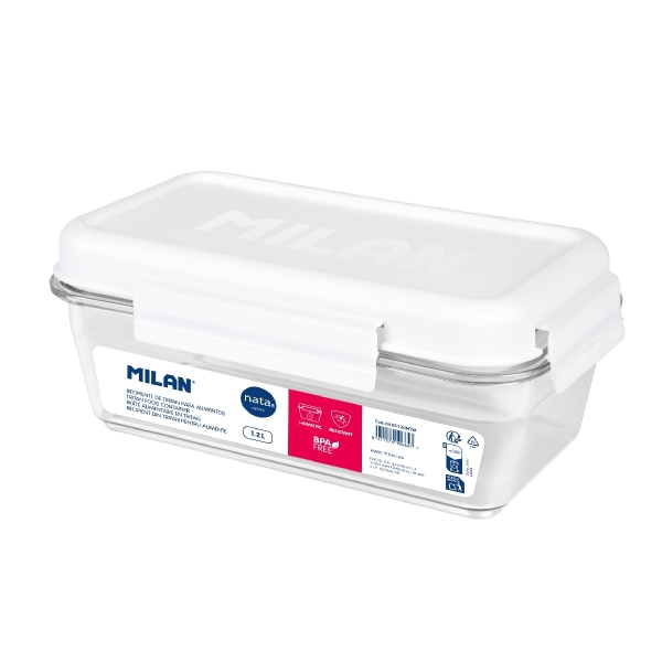 Milan Coleccion Nata 624 Fiambrera Hermetica de Tritan Rectangular 1.2L - Apta para Microondas, Lavavajillas y Congelador - Libre de BPA - Medidas 23x12,5x9,2cm - Color Transparente/Blanco