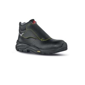 Upower Bulls L Calzado de Seguridad Altos - Talla 47 - Empeine Piel Grana Mina Hidrofugo, Puntal Composite, Hoja Acero Ergonomico, Antiperforacion, Antideslizante, Suela PU/VIBRAM, Proteccion S3 HI HRO FO SR - Color Negro
