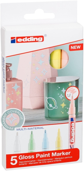 Edding 751 Pack de 5 Rotuladores Permanentes - Punta Redonda - Trazo entre 1 y 2 mm. - Tinta Opaca - Secado Rapido - Colores Surtidos Pastel