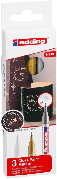 Edding 780 Pack de 3 Rotuladores Permanentes de Tinta Opaca - Punta Redonda - Trazo 0.8mm - Puntas de Recambio Disponibles - Secado Rapido - Colores Blanco, Plata y Oro
