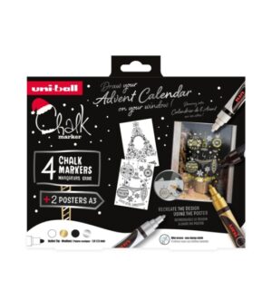 Uni-ball Chalk Colores Escandinavos Pack de 4 Marcadores de Tiza Liquida + Posters - Punta Conica 1.8-2.5mm - Borrado en Humedo - Resistente a la Lluvia - Colores Surtidos