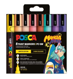Posca Manga Hero Edicion Limitada PC-5M Pack con 8 Marcadores de Pintura - Punta de Bala 1.8-2.5mm - Tinta Base al Agua - Resistente a la Luz - No Permanente - Colores Pastel Surtidos