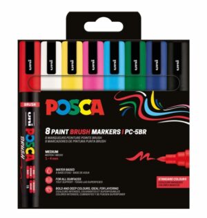 Posca PC-5BR Pack de 8 Marcadores de Pintura - Punta Brush 1-4mm - Tinta Base al Agua - Resistente a la Luz - No Permanente - Colores Surtidos