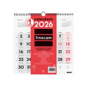 Finocam Calendario de Pared - Anual 2026 - 300x5x310mm - Numeros Grandes - Color Blanco y Rojo