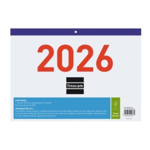 Finocam Calendario Faldilla - Anual 2026 - Formato F93 - 300x3x210mm - Numeros Grandes - Color Blanco y Azul