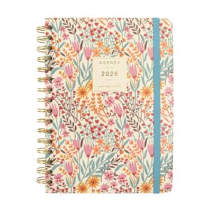 Finocam Moniquilla Agenda de Espiral - Anual 2026 - Planificador - Cierre de Goma - Formato E10 - 155X212mm - Semana Vista Horizontal - Tematica de Flores
