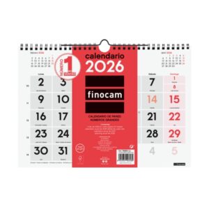Finocam Calendario de Pared - Anual 2026 - Formato M - 300x5x220mm - Numeros Grandes - Color Blanco y Rojo
