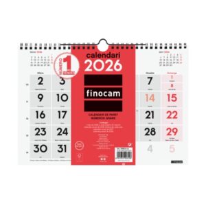 Finocam Calendario de Pared en Catalan - Anual 2026 - Formato M - 300x5x220mm - Numeros Grandes - Color Blanco y Rojo