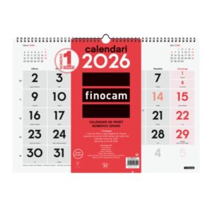 Finocam Calendario de Pared en Catalan - Anual 2026 - 430x5x320mm - Numeros Grandes - Color Blanco y Rojo