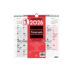 Finocam Calendario de Pared en Catalan - Anual 2026 - Formato M - 265x5x255mm - Espacio para Escribir - Color Blanco y Rojo