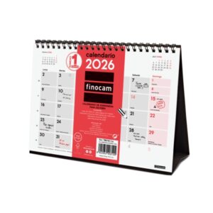 Finocam Calendario de Sobremesa - Anual 2026 - 210x70x155mm - Espacio para Escribir - Color Blanco y Rojo