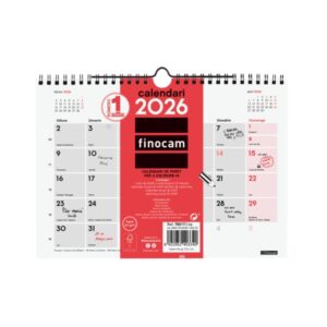 Finocam Calendario de Pared en Catalan - Anual 2026 - 210x5x160mm - Espacio para Escribir - Color Blanco y Rojo