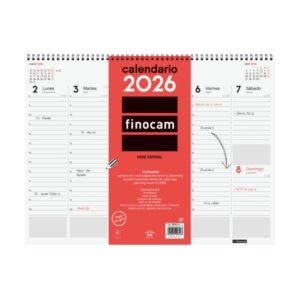 Finocam Vade Calendario de Sobremesa - Anual 2026 - con Espiral - 420x8x320mm - Semana Vista en Vertical - Color Blanco y Rojo