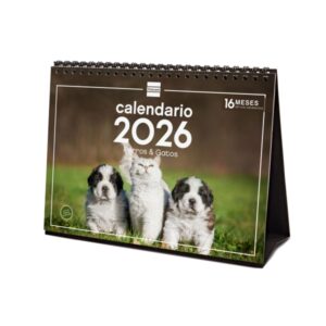 Finocam Calendario de Sobremesa - Anual 2026 - Imagenes Variadas - Espacio para Escribir - Tematica de Perros y Gatos