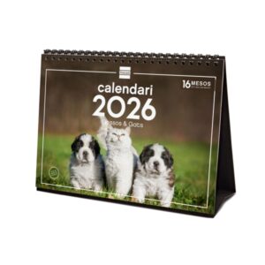 Finocam Calendario de Sobremesa en Catalan - Anual 2026 - Imagenes Variadas - Espacio para Escribir - Tematica de Perros y Gatos