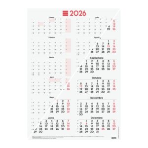 Finocam Poster Calendario Tipo Poster - Anual 2026 - Espacio para Escribir - 485x680mm - Numeros Grandes - Color Blanco y Rojo