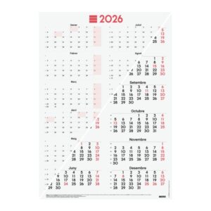 Finocam Poster Calendario Tipo Poster en Catalan - Anual 2026 - Espacio para Escribir - 485x680mm - Numeros Grandes - Color Blanco y Rojo