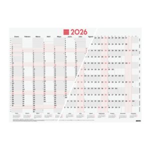 Finocam Planificador de Tipo Poster - Anual 2026 - Espacio para Escribir - 680x485mm - Numeros Grandes - Color Blanco y Rojo
