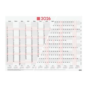 Finocam Planificador de Tipo Poster en Catalan - Anual 2026 - Espacio para Escribir - 680x485mm - Numeros Grandes - Color Blanco y Rojo