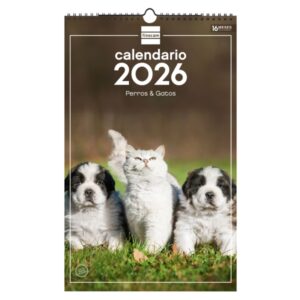 Finocam Calendario de Pared - Anual 2026 - Imagenes Variadas - con Espiral - Espacio para Escribir - Tematica de Perros y Gatos