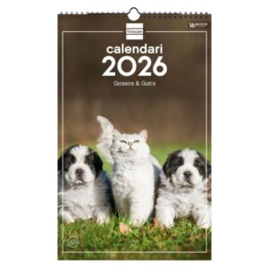 Finocam Calendario de Pared en Catalan - Anual 2026 - Imagenes Variadas - con Espiral - Espacio para Escribir - Tematica de Perros y Gatos