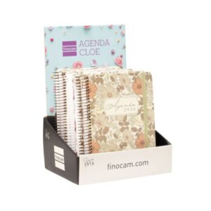 Finocam Cloe Expositor con 6 Agendas de Espiral en Catalan - Anual 2026 - Planificador - Cierre de Goma - Formato E10 - 1 Dia por Pagina - Color Surtidos
