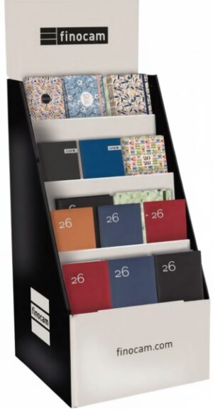 Finocam Expositor de Pie con 60 Agendas de Tapa Dura Surtidas - Anual 2026 - Estructura de Carton - Color Surtidos