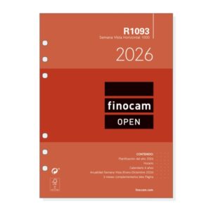 Finocam R1093 Recambio Anual 2026 para Agendas Open 2026 - Formato 1000 - 155x6x215mm - Semana Vista Horizontal - Color Blanco