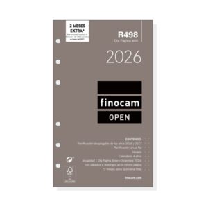 Finocam R498 Recambio Anual 2026 para Agendas Open 2026 - Formato 400 - 91x16x152mm - 1 Dia por Pagina - Color Blanco