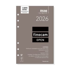 Finocam R598 Recambio Anual 2026 para Agendas Open 2026 - Formato 500 - 117x16x181mm - 1 Dia por Pagina - Color Blanco