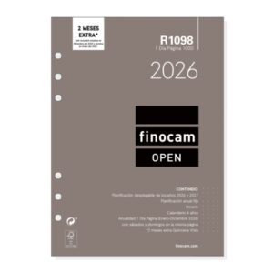 Finocam R1098 Recambio Anual 2026 para Agendas Open 2026 - Formato 1000 - 155x15x215mm - 1 Dia por Pagina - Color Blanco