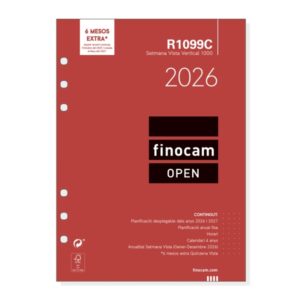 Finocam R1099C Recambio Anual 2026 para Agendas Open 2026 en Catalan - Formato 1000 - 155x7x215mm - Semana Vista en Vertical - Color Blanco