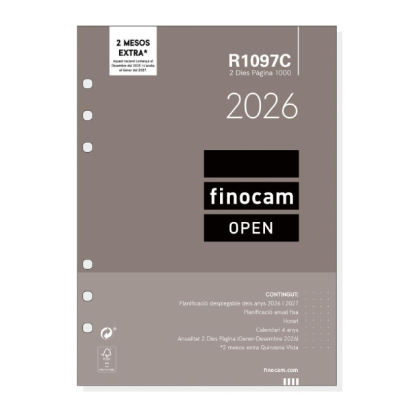 Finocam R1097C Recambio para Agendas Open en Catalan - Anual 2026 - Formato 1000 - 155x11x215mm - 2 Dias por Pagina - Color Blanco