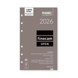 Finocam R498C Recambio Anual 2026 para Agendas Open 2026 en Catalan - Formato 400 - 91x16x152mm - 1 Dia por Pagina - Color Blanco