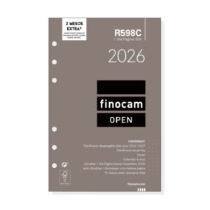 Finocam R598C Recambio Anual 2026 para Agendas Open 2026 en Catalan - Formato 500 - 117x16x181mm - 1 Dia por Pagina - Color Blanco