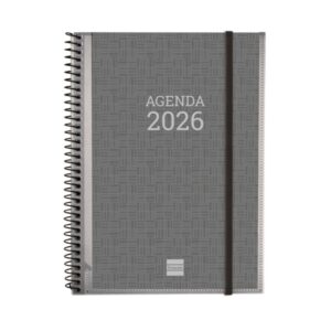 Finocam Basics Agenda - Anual 2026 - con Espiral - Personalizable - Formato E10 - 162x14x212mm - Semana Vista Horizontal - Color Gris