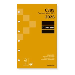 Finocam C399 Recambio para Agendas Classic - Anual 2026 - Hojas Microperforadas - Formato 603 - 79x6x127mm - Semana Vista Horizontal - Color Blanco