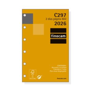 Finocam C297 Recambio para Agendas Classic - Anual 2026 - Hojas Microperforadas - Formato 602 - 73x9x114mm - 2 Dias por Pagina - Color Blanco
