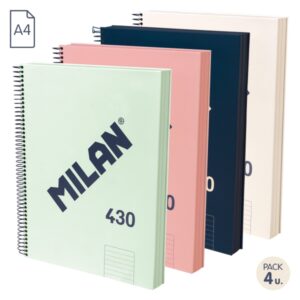 Milan 430 Since 1918 Pack de 4 Cuadernos A4 con Espiral - Papel a Lineas de 7mm - 120 Hojas de 95g - Tapa Dura - Colores Surtidos