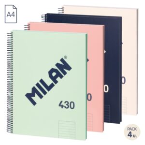 Milan 430 Since 1918 Pack de 4 Cuadernos A4 con Espiral - Papel a Lineas de 7mm - 80 Hojas de 95g - Tapa Dura - Colores Surtidos