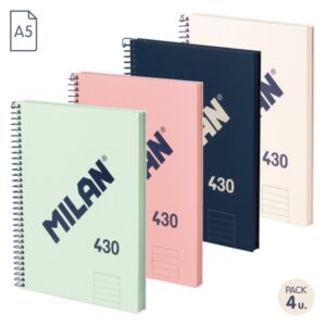Milan 430 Since 1918 Pack de 4 Cuadernos A5 con Espiral - Papel a Lineas de 7mm - 80 Hojas de 95g - Tapa Dura - Colores Surtidos