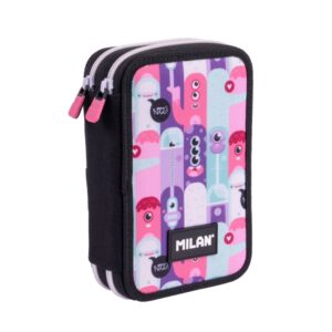 Milan Aliens 2 Plumier de 2 Pisos con Regla - Sacapuntas - Gomas de Borrar - Lapices de Grafito y de Colores - Rotuladores - Boligrafo Azul - 19.5x13x5cm - Color Rosa