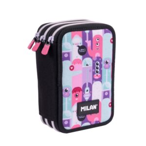 Milan Aliens 2 Plumier de 3 Pisos con Goma de Borrar - Sacapuntas - Lapiz - 3 Boligrafos - Regla - 12 Lapices de Colores - 6 Lapices de Colores Metalizados - 5 Fluorescentes - Tijeras y 18 Rotuladores - 19.5x13x7.5cm - Color Rosa