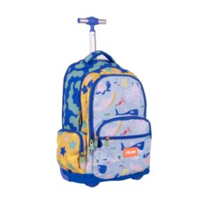 Milan Blue Odyssey Mochila Escolar 25L con Carro Integrado y Mango Metalico Retractil - 3 Bolsillos Delanteros - 2 Bolsillos Laterales - 6 Cremalleras - 46.5x30x17cm - Color Azul