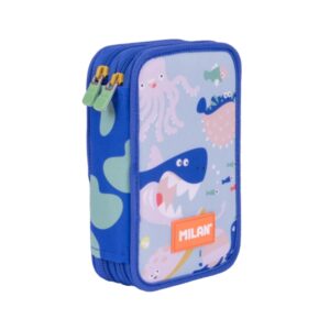 Milan Blue Odyssey Plumier de 2 Pisos con Regla - Sacapuntas - Gomas de Borrar - Lapices de Grafito y de Colores - Rotuladores - Boligrafo Azul - 19.5x13x5cm - Multicolor